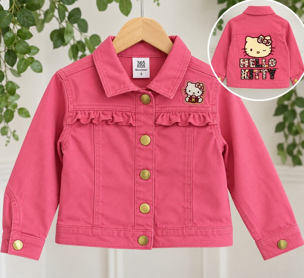 Hello Kitty Girls Pink Denim Jacket Size 5 | Y2K Sanrio Kawaii Retro Ruffle